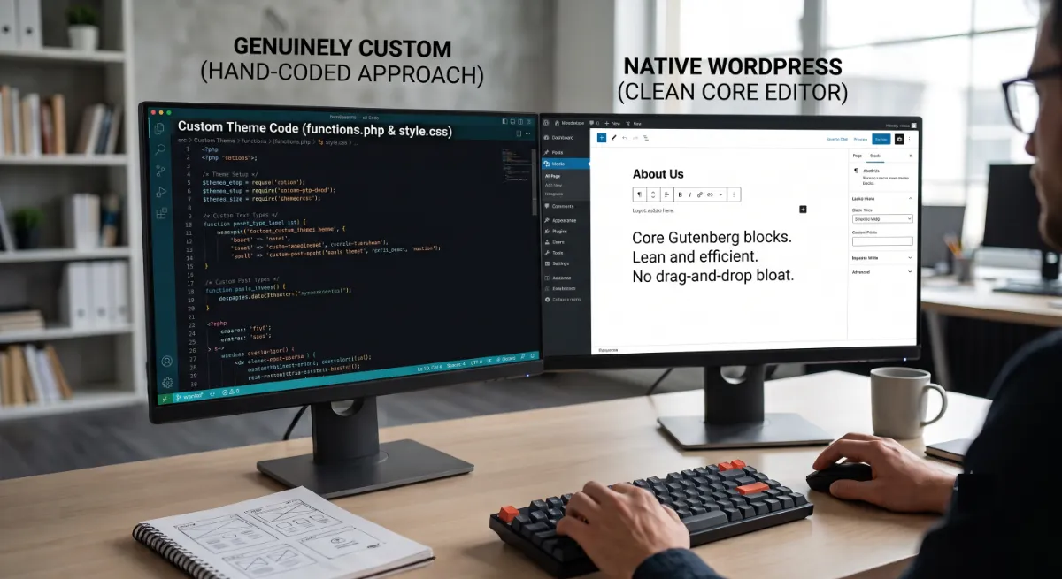 Comparison of a genuinely custom WordPress build versus fake-custom page-builder bloat