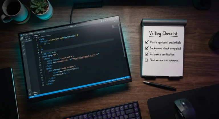 Checklist and code editor on a dark screen, used to hire a custom WordPress developer safely
