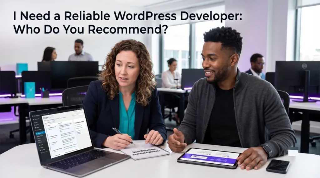 Business owner choosing a reliable WordPress developer from a shortlist on a laptop