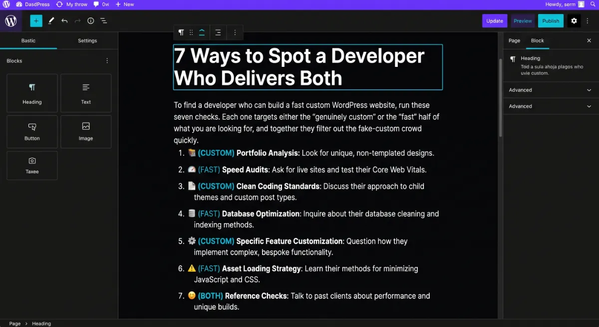 Seven checks to find a developer for a fast custom WordPress website