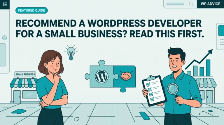 Small business owner reviewing a WordPress developer shortlist on a laptop