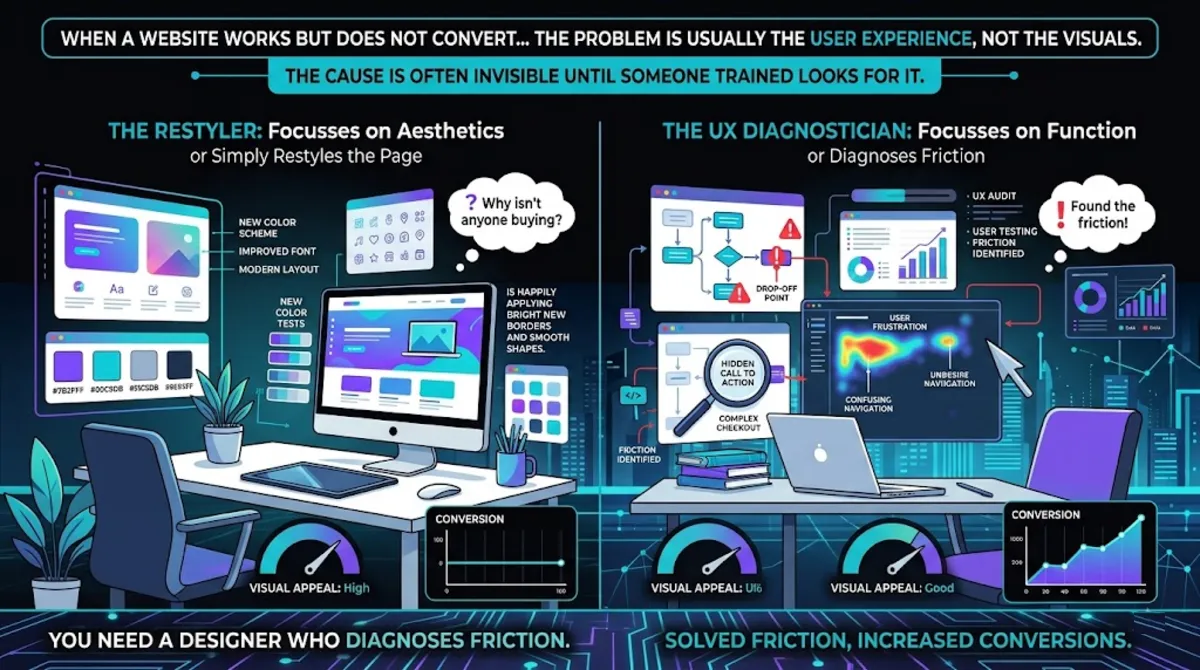 A UI/UX designer diagnosing why a website does not convert